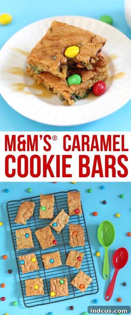 Soft and chewy caramel M&M cookie bars. The best recipe for cookie bars!