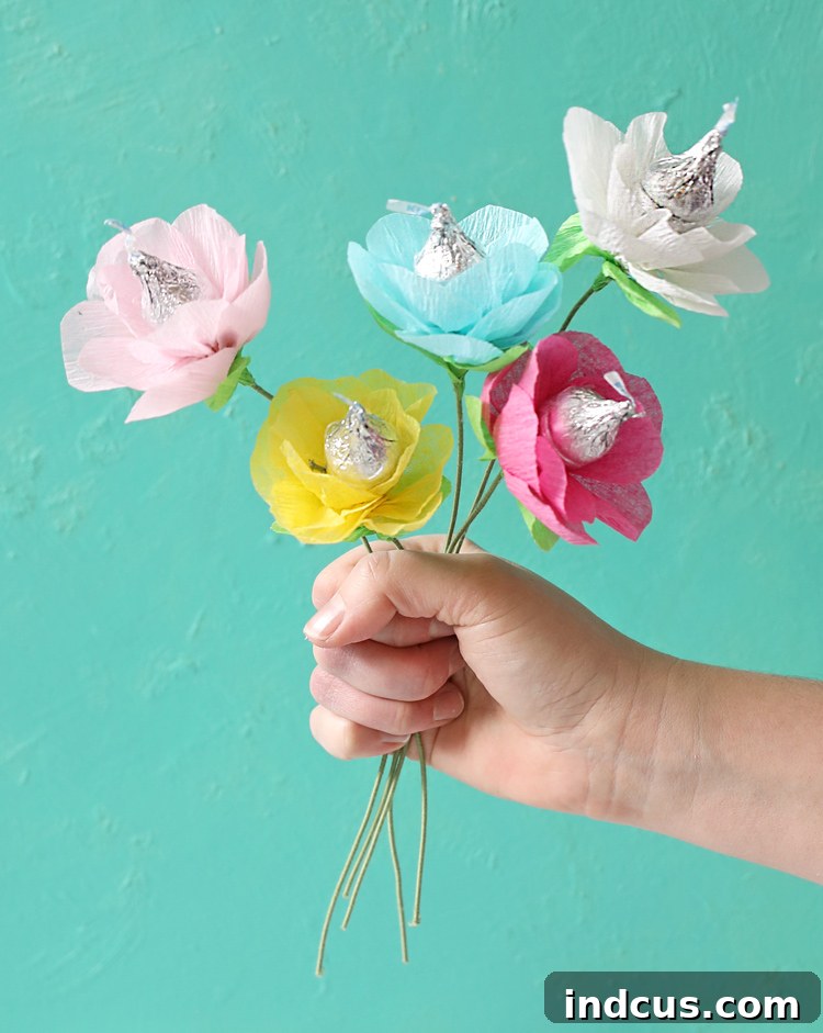 Crepe paper flowers with chocolate candy centers