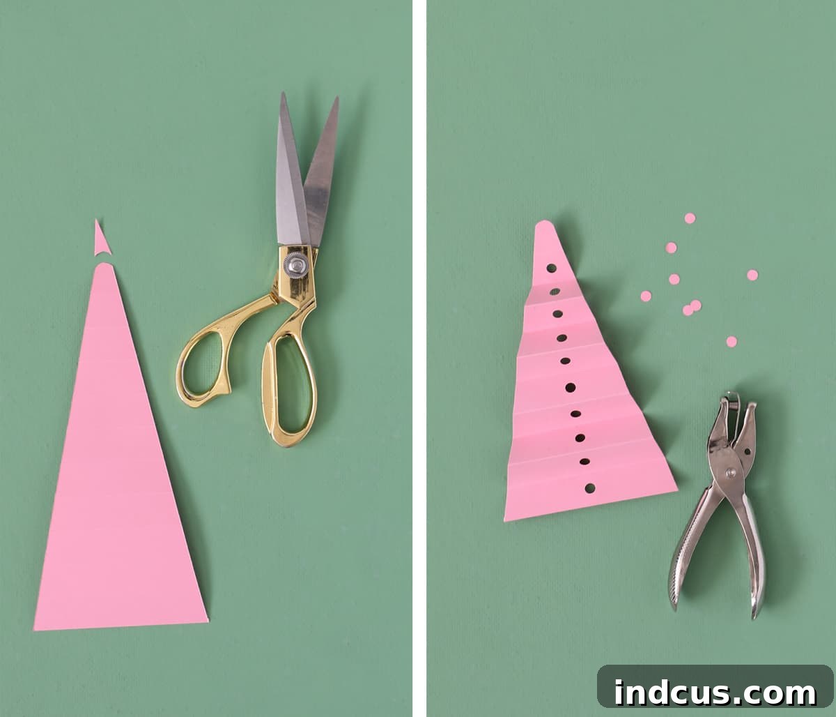 round tip and punch holes to make the paper folded christmas tree