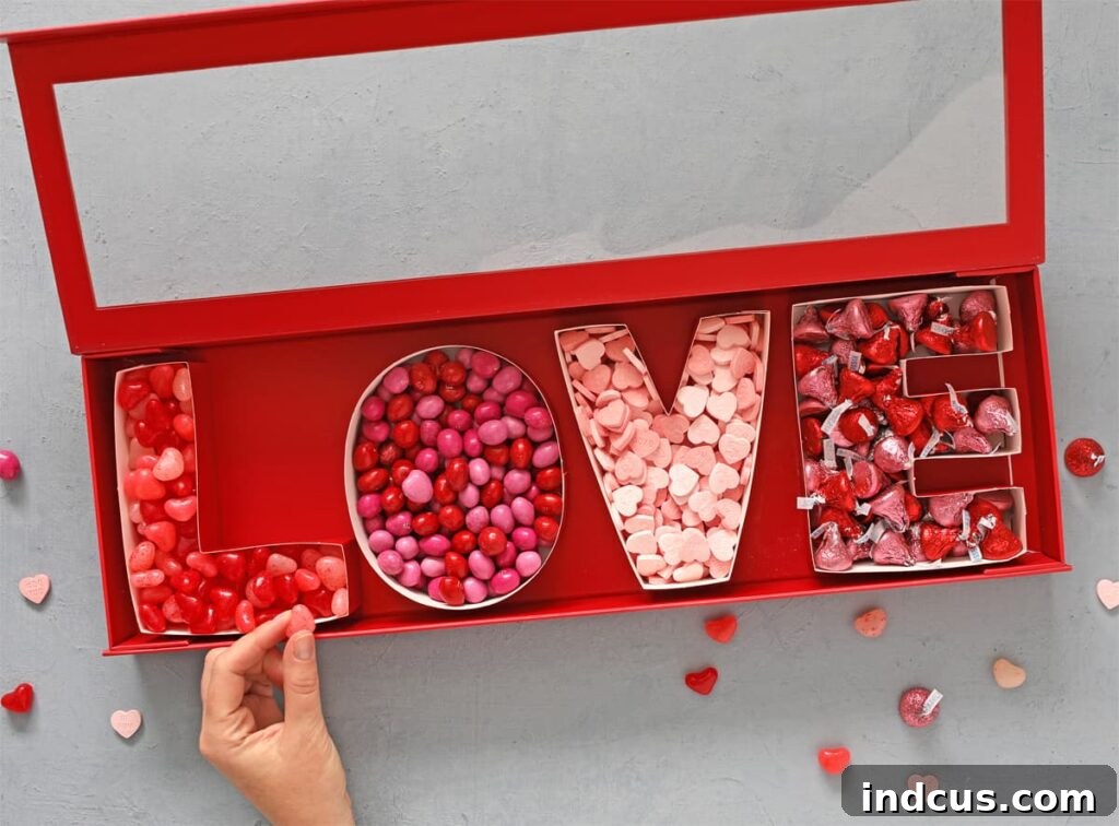 A 'LOVE' word treat box filled with Valentine's Day candies, surrounded by other party snacks.
