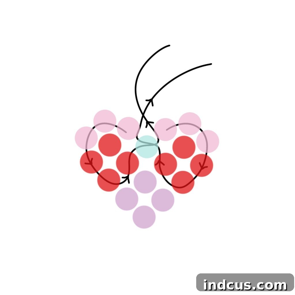 DIY Sparkling Beaded Heart Charms 12 Step 8 shows weaving wire ends back through beads to meet at the top center for attaching findings.