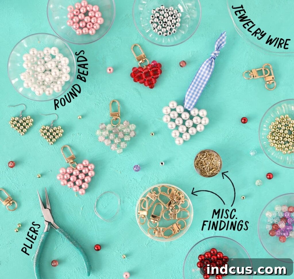 DIY Sparkling Beaded Heart Charms 3 Essential supplies needed for crafting DIY beaded heart charms, including various beads, wire, and jewelry tools.