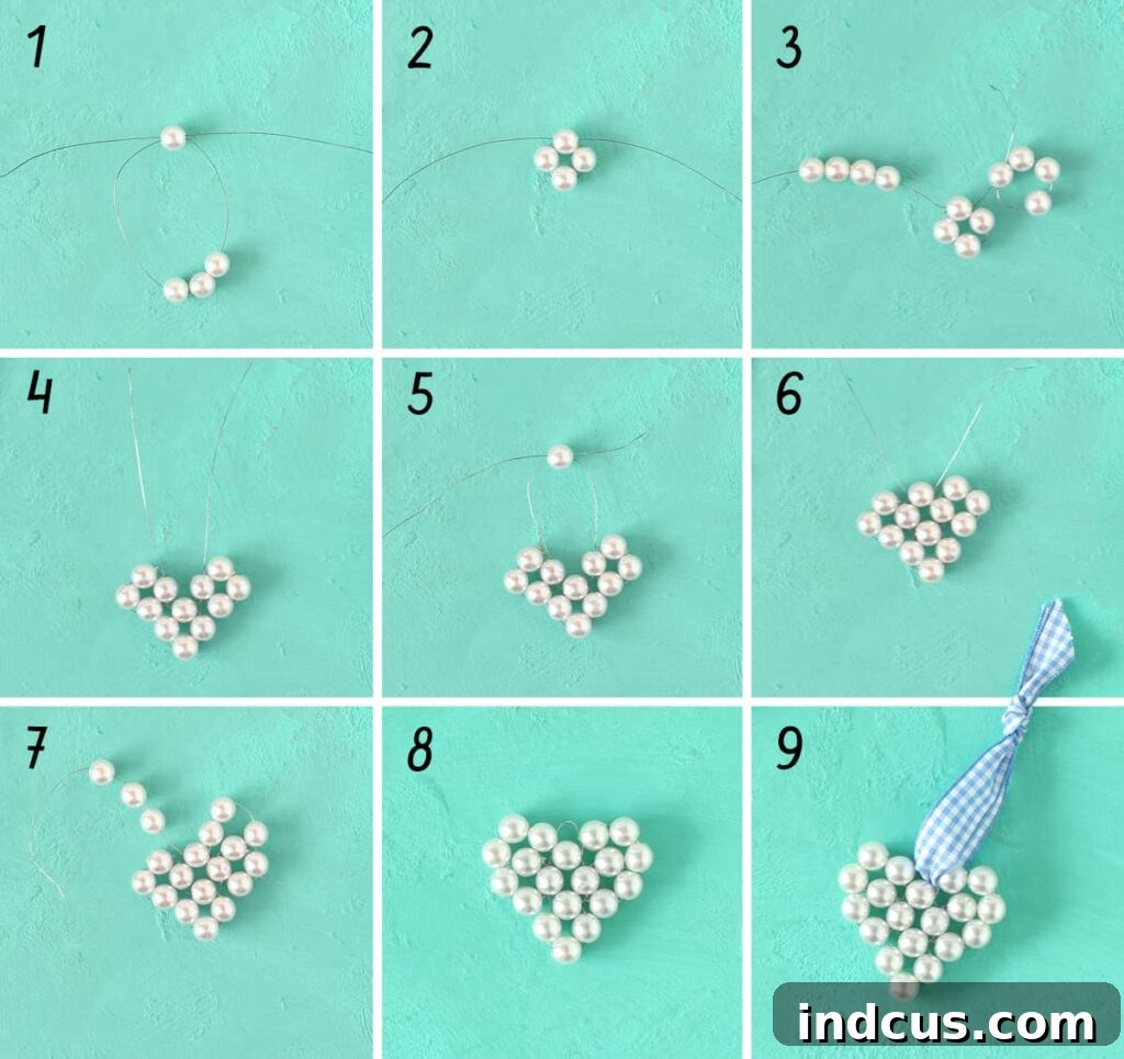 DIY Sparkling Beaded Heart Charms 4 A step-by-step visual guide showing how to form a heart shape using beads and wire.