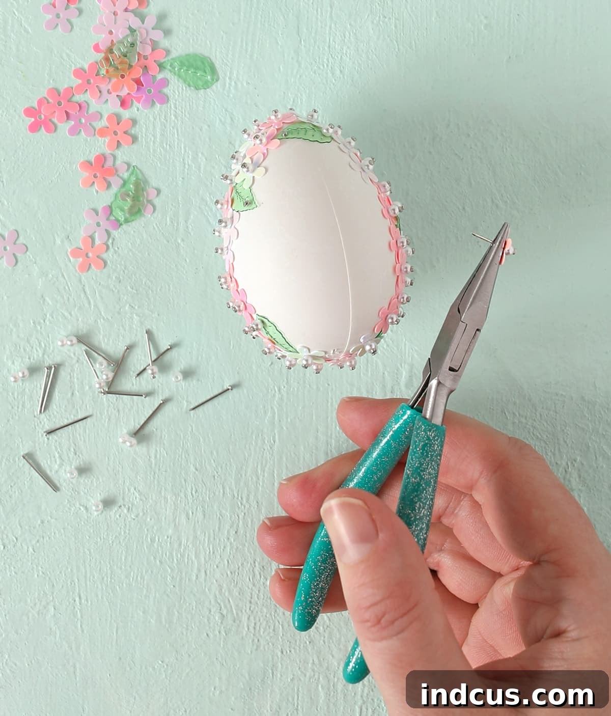 Dazzling Sequin Beaded Easter Egg Creations 7 adding sequins to foam eggs with sequin pins
