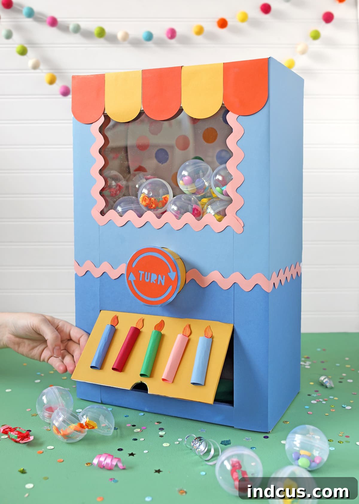 Handcrafted Party Prize Surprise 2 DIY working cardboard vending machine, perfect for birthday parties and fun activities.